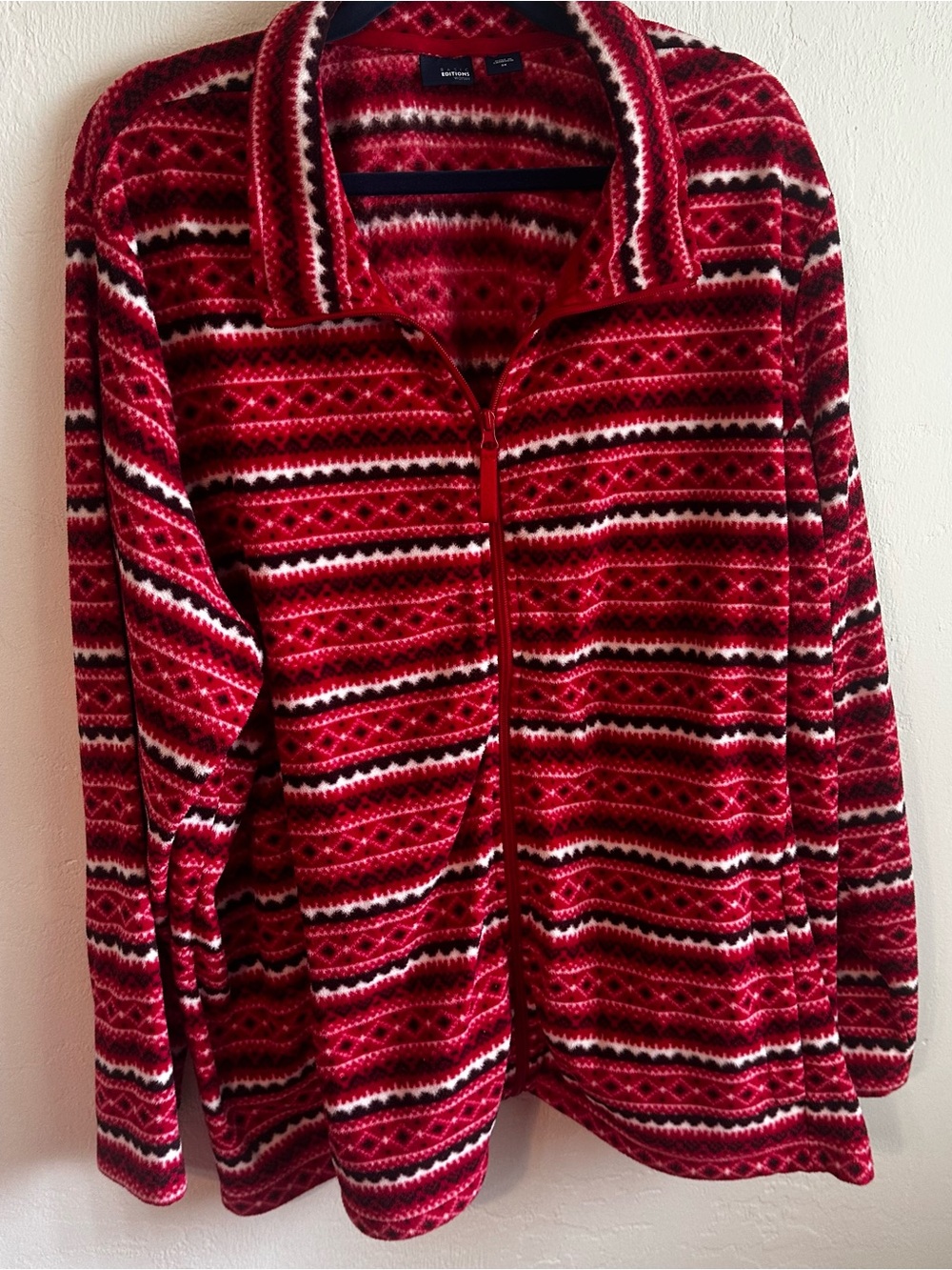 Basic Editions Red Patterned Zip-Front Cardigan Sweater